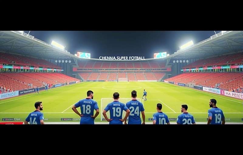 Chennai Super Football Official Cover Chennai Super Football game cover featuring Marina Arena stadium with players in blue and white jerseys
